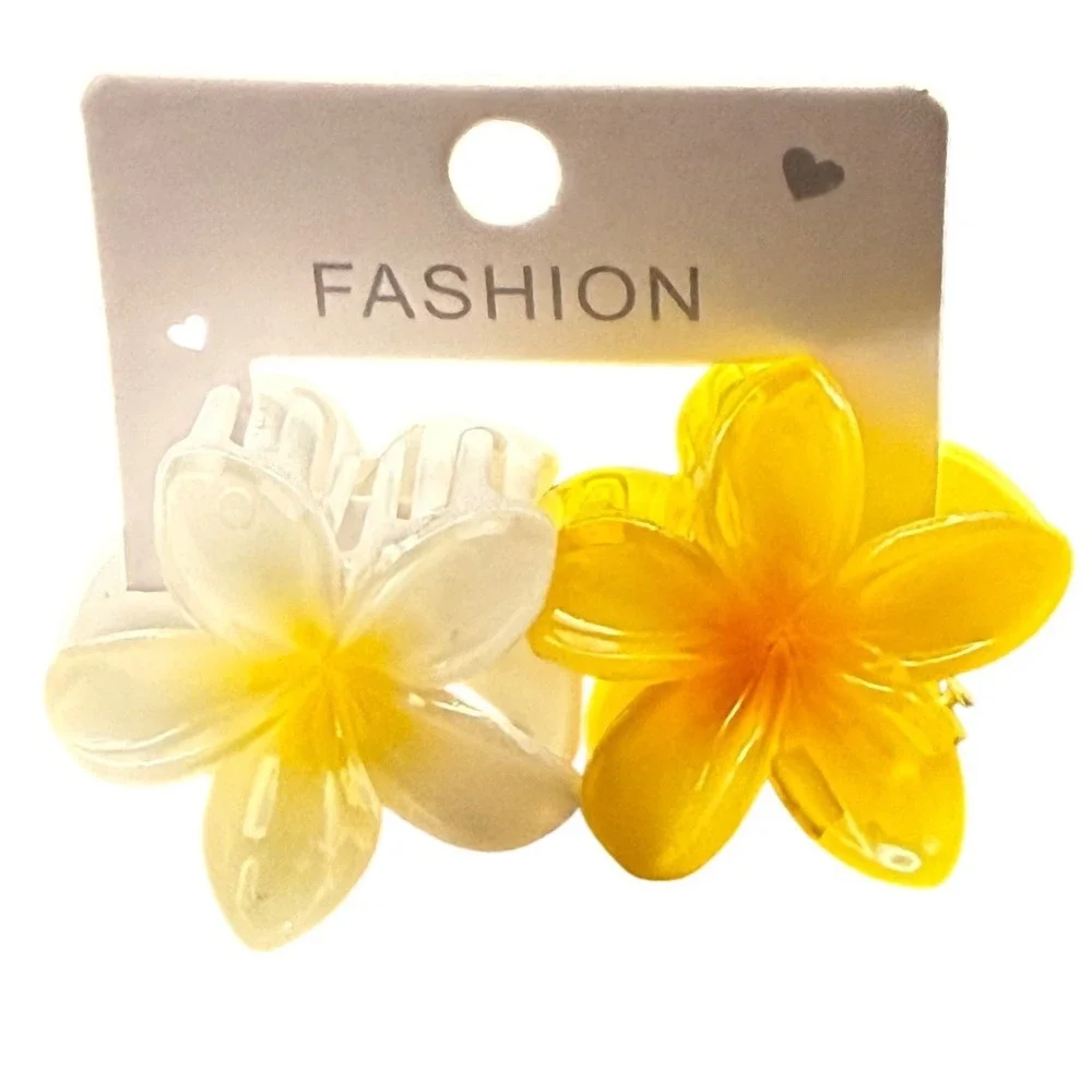 Set of 2 Plumeria Flower Mini Hair Claw Clips Yellow and White Tropical Floral‎